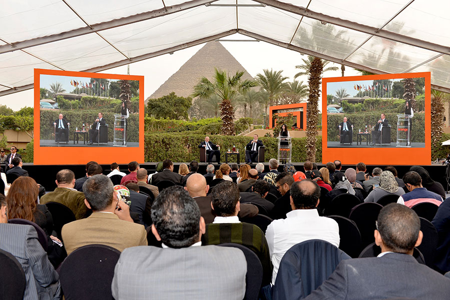 Stephane Richard Chairman and Chief Executive Officer of Orange and Yves Gauthier Chief Executive Officer of Orange Egypt during the press conference announcing the launch of Orange business in Egypt